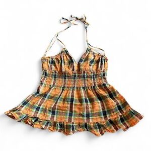 Crown of Hearts Juniors L Plaid Halter Smocked Babydoll Top Festival Vintage Y2K